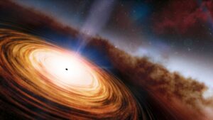 Uma ilustração de um quasar distante como o usado pelos astrônomos