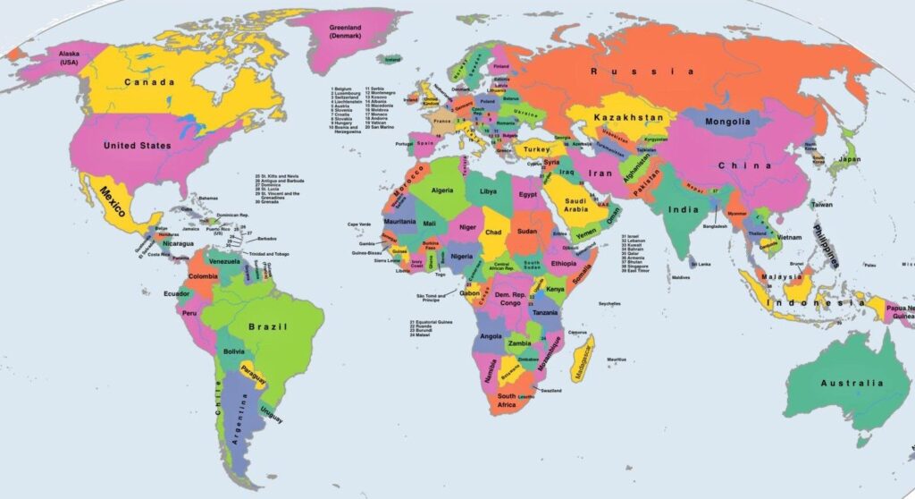 Observe os dados do mapa mundial dos coeficientes GINI por país.