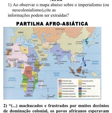 Ao observar o mapa abaixo sobre o imperialismo ou neocolonialismo, cite as informações que podem ser extraídas.