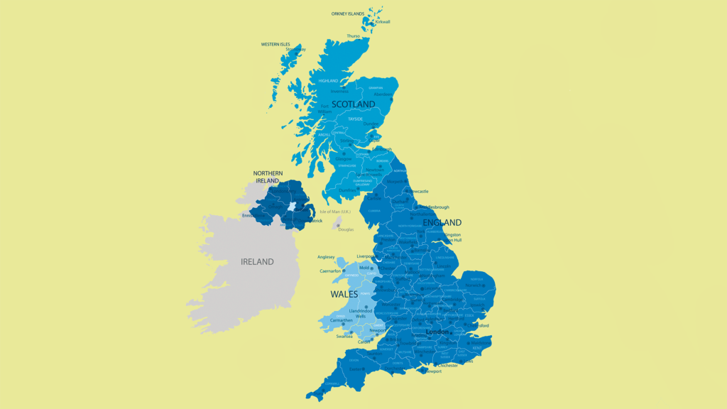 O mapa apresenta em destaque na cor laranja o Reino Unido.