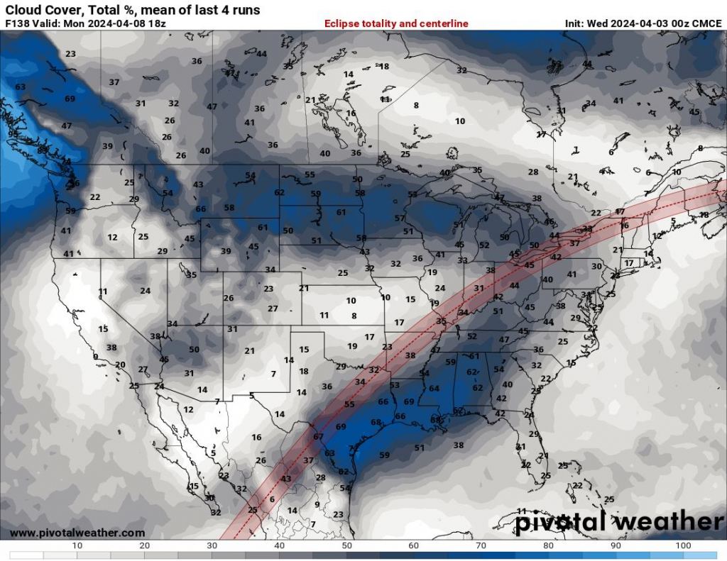 Perspectivas de cobertura de nuvens para a tarde de 8 de abril, versus a trajetória do eclipse.  Crédito: Clima Pivotal
