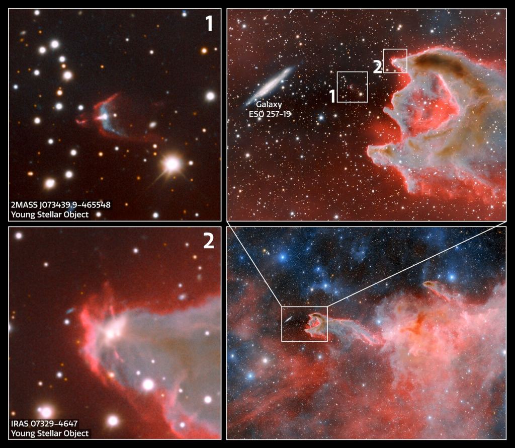 Este trecho mostra um close de CG 4. A mão parece estar prestes a agarrar uma galáxia espiral chamada ESO 257-19 (PGC 21338).  Mas a galáxia está a mais de cem milhões de anos-luz além do CG 4. Apenas um alinhamento casual a faz parecer próxima.  Perto da cabeça do glóbulo cometário estão dois objetos estelares jovens (YSOs).  São estrelas em seu estágio inicial de evolução antes de se tornarem estrelas da sequência principal.  Créditos de imagem: Crédito: CTIO/NOIRLab/DOE/NSF/AURA Processamento de imagem: TA Rector (University of Alaska Anchorage/NSF's NOIRLab), D. de Martin & M. Zamani (NSF's NOIRLab)