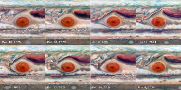 Simão et al. mediu o tamanho, forma, brilho, cor e vorticidade da Grande Mancha Vermelha ao longo de um ciclo completo de oscilação. Crédito da imagem: NASA / ESA / Amy Simon, Goddard Space Flight Center da NASA / Joseph DePasquale, STScI.