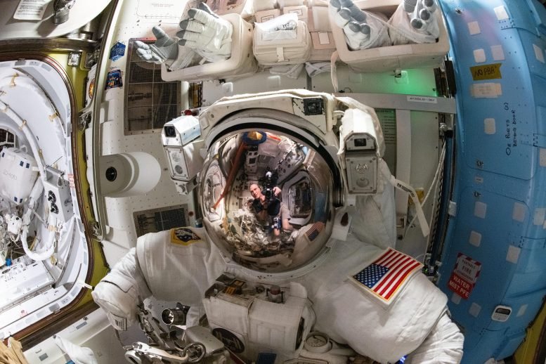 Reflexão do astronauta Don Pettit sobre a viseira de capacete espacial